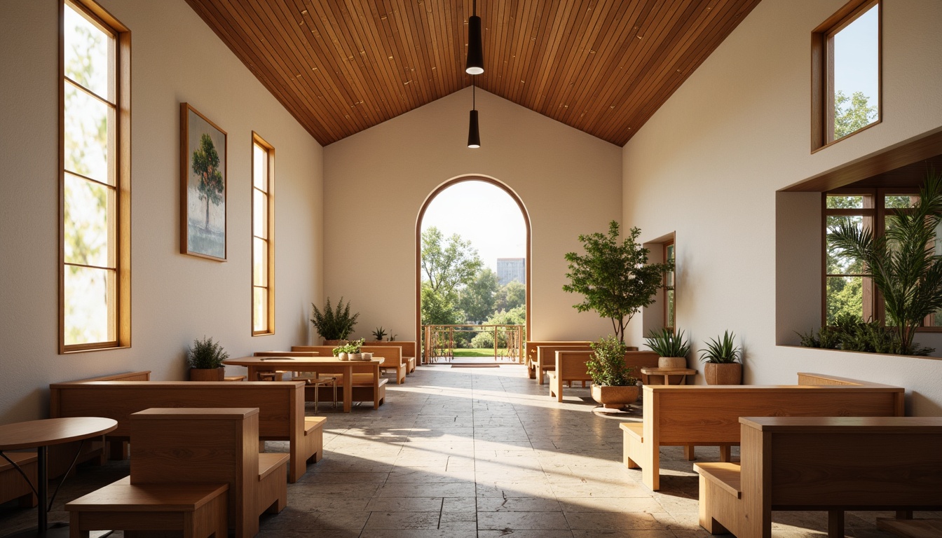 Prompt: Minimalist church interior, natural stone flooring, wooden pews, modern stained glass windows, soft warm lighting, open spaces, functional furniture layout, circular seating arrangements, community tables, movable partitions, acoustic panels, sound-absorbing materials, sleek metal chairs, minimalist altars, subtle color schemes, ambient occlusion, 3/4 composition, panoramic view, realistic textures.