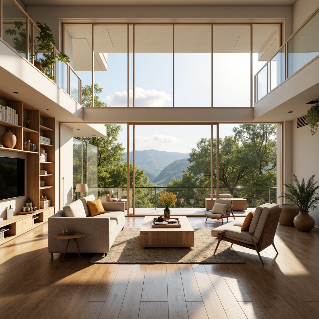 Prompt: Modern living room, sleek furniture, ergonomic chairs, minimalist coffee table, floor-to-ceiling windows, natural wood flooring, creamy white walls, ambient soft lighting, 1/1 composition, shallow depth of field, realistic textures, cozy throw blankets, vibrant green plants, decorative vases, optimized storage solutions, multi-functional shelving units, space-saving desks, adjustable height tables, comfortable reading nooks, warm beige color scheme, soft warm glow, panoramic view.