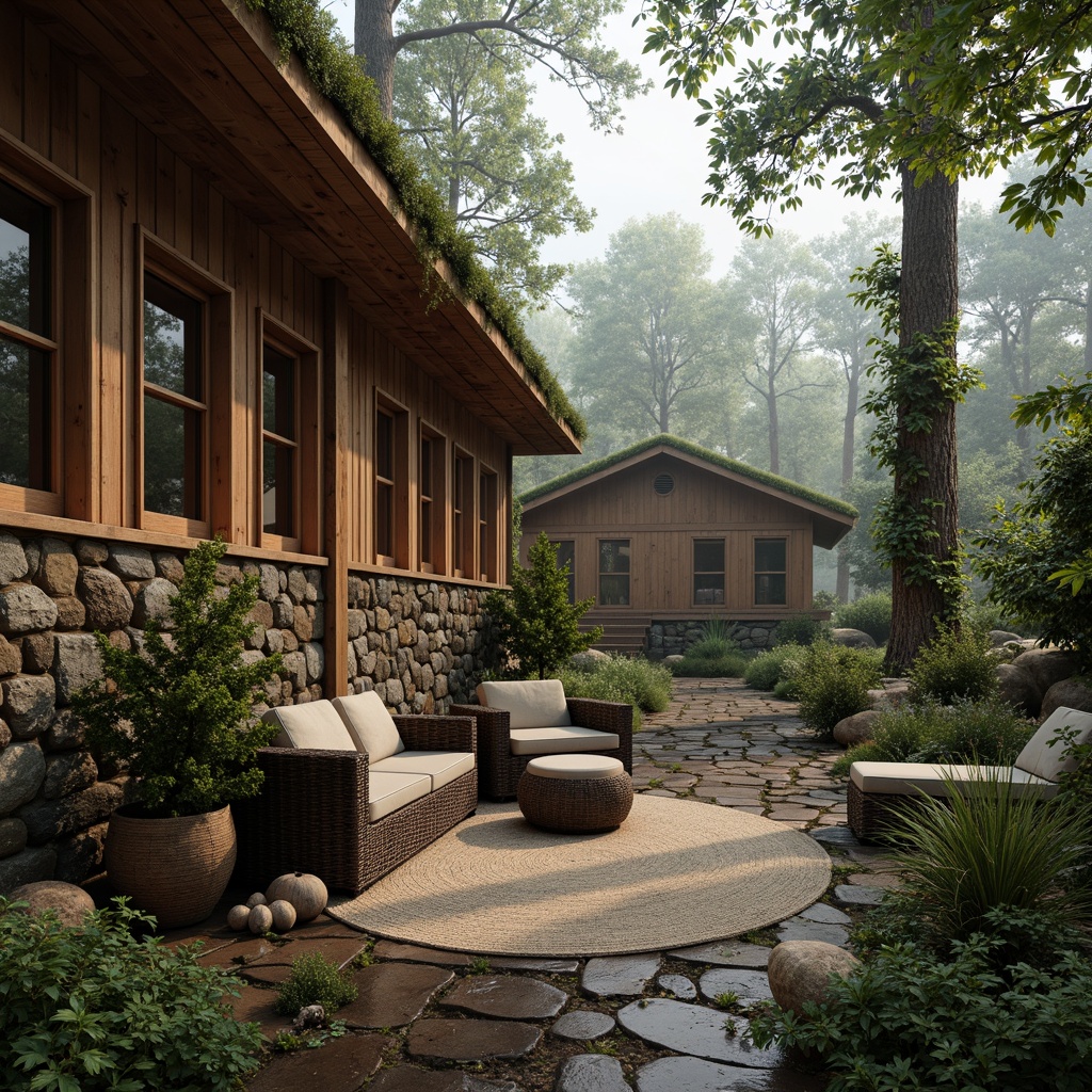 Prompt: Rustic wooden cabins, natural stone walls, earthy tones, reclaimed wood accents, woven wicker furniture, plush greenery, overflowing planters, organic shapes, curved lines, soft warm lighting, cozy intimate spaces, ambient textures, realistic materials, detailed normal maps, serene forest surroundings, misty morning atmosphere, subtle fog effects.