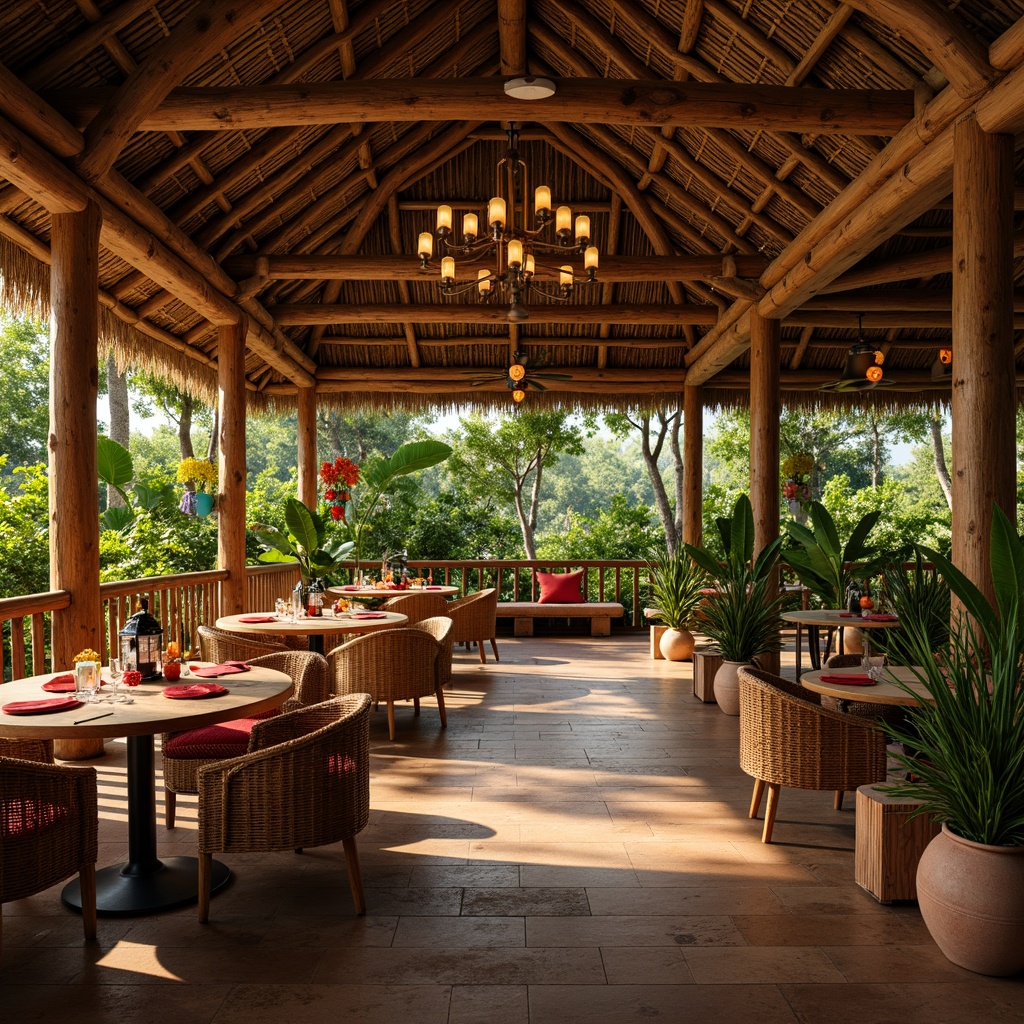 Prompt: Vibrant tropical dining hall, warm wood accents, rattan furniture, lush greenery, exotic flowers, natural textiles, woven bamboo walls, reclaimed wood flooring, earthy tone ceramics, terracotta planters, colorful tiki torches, rustic metal lanterns, soft warm lighting, shallow depth of field, 1/1 composition, intimate atmosphere, realistic reflections, ambient occlusion.