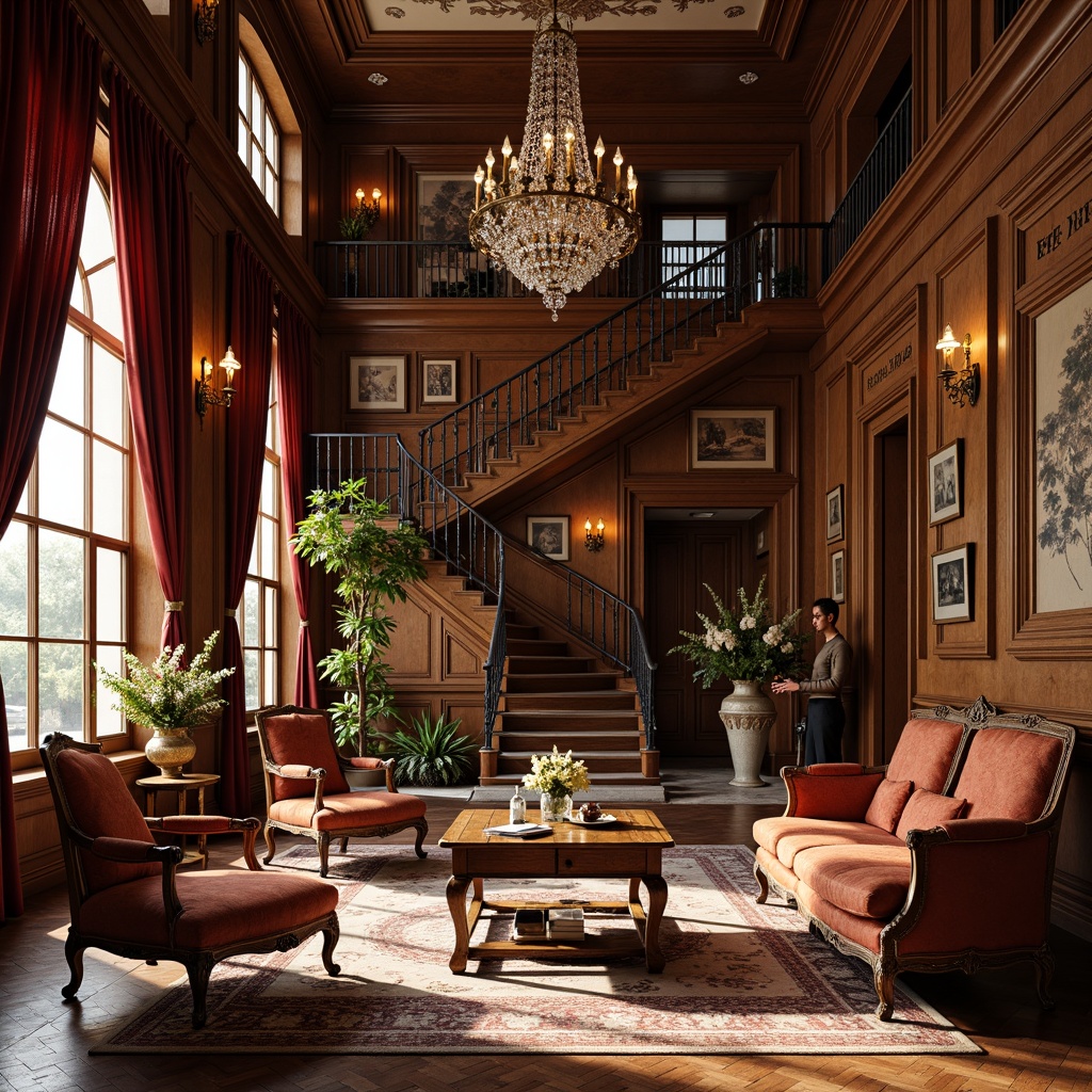 Prompt: Elegant Victorian-era mansion, ornate wooden furniture, rich velvet upholstery, gilded accents, intricately carved details, crystal chandeliers, marble flooring, grand staircases, luxurious drapery, refined proportions, symmetrical composition, warm golden lighting, soft focus, 1/1 aspect ratio, realistic textures, ambient occlusion.