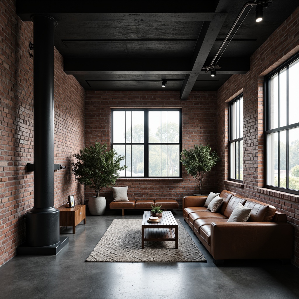 Prompt: Industrial-chic interior, exposed brick walls, polished concrete floors, metallic accents, matte black steel beams, minimalist decorative elements, functional furniture pieces, leather upholstery, reclaimed wood tables, geometric-patterned rugs, monochromatic color scheme, stark white lighting, dramatic shadows, low-angle photography, 2/3 composition, moody atmospheric rendering.