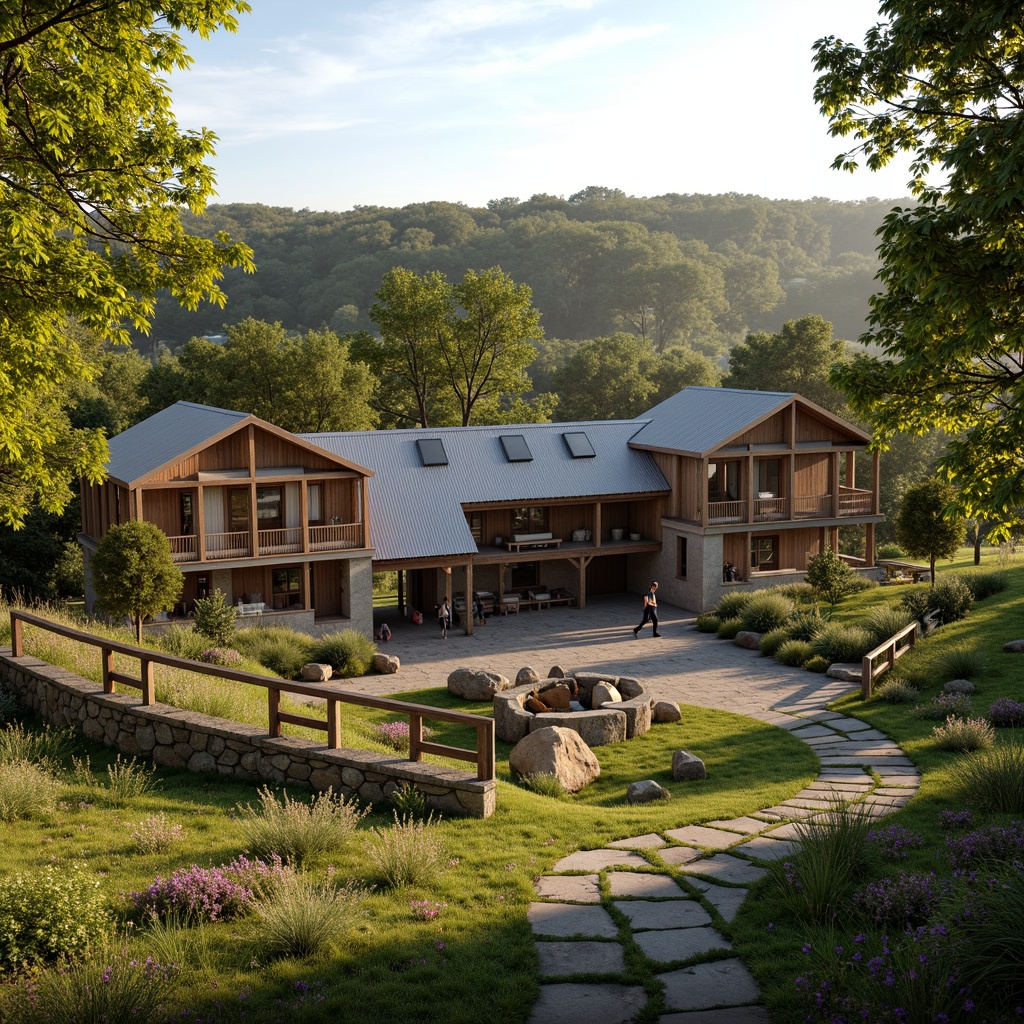 Prompt: Rustic farmhouse, natural stone walls, wooden accents, corrugated metal roofs, earthy tones, lush greenery, wildflowers, meandering pathways, rustic metal gates, weathered wood fences, amphitheater seating, grassy slopes, serene countryside views, warm golden lighting, shallow depth of field, 1/2 composition, cinematic view, realistic textures, ambient occlusion.