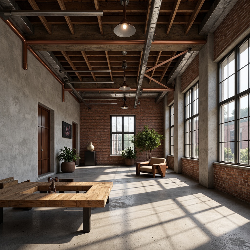 Prompt: Industrial warehouse, exposed brick walls, metal accents, rustic wooden beams, reclaimed wood floors, industrial-style lighting, metal grids, distressed finishes, urban loft atmosphere, neutral color palette, metallic sheen, bronzed fixtures, copper pipes, steel columns, concrete foundations, natural stone walls, modern minimalist decor, high ceilings, open spaces, dramatic shadows, low-key lighting, 1/2 composition, realistic textures, ambient occlusion.