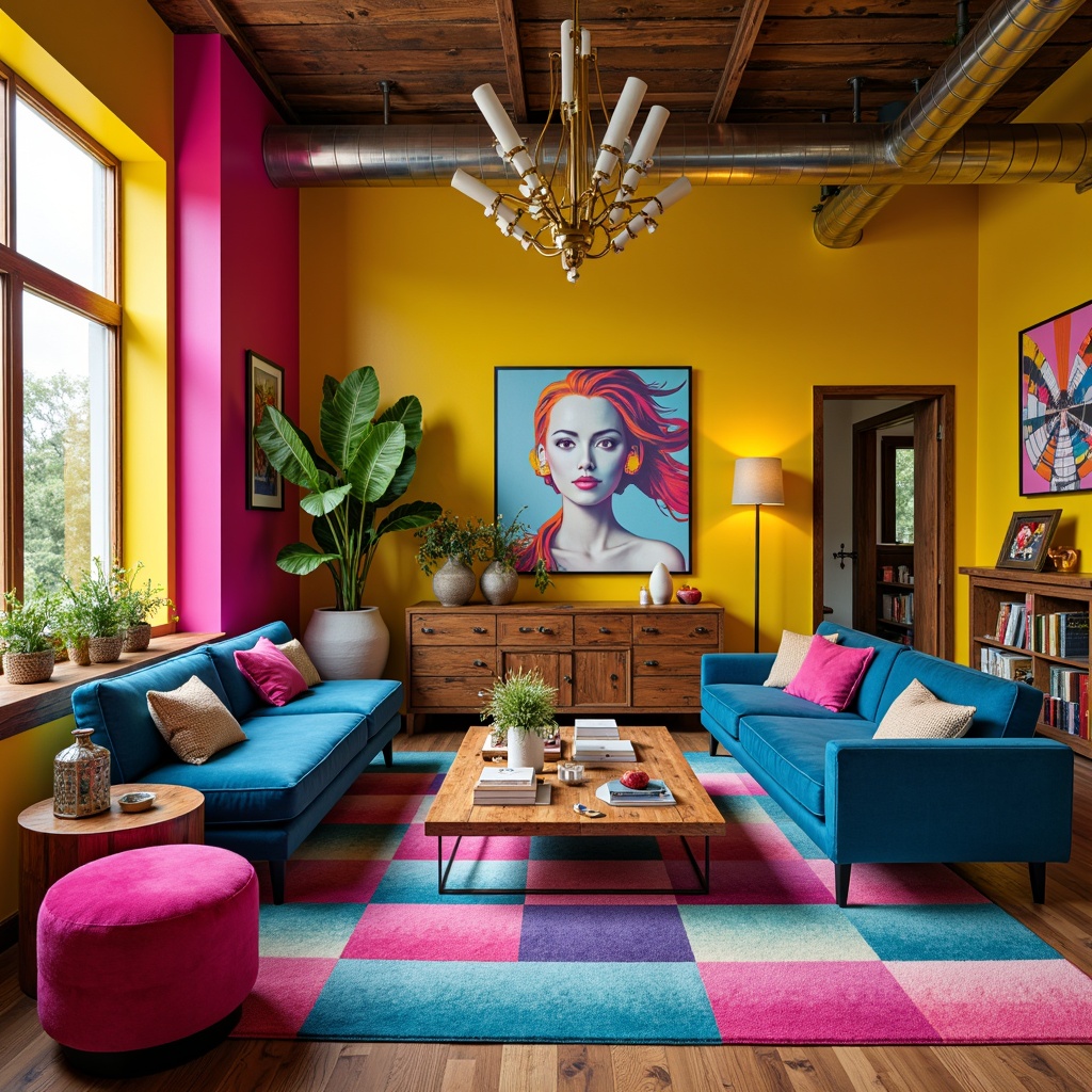 Prompt: Vibrant postmodern living room, bold eclectic color scheme, clashing bright hues, neon pink accents, electric blue furniture, sunshine yellow walls, abstract art pieces, geometric patterned rugs, metallic silver decor, ornate gold fixtures, plush velvet sofas, distressed wood coffee tables, industrial metal lighting, reclaimed wood accents, playful typography, whimsical decorative accessories, warm cozy ambiance, shallow depth of field, 1/2 composition, softbox lighting, realistic textures.