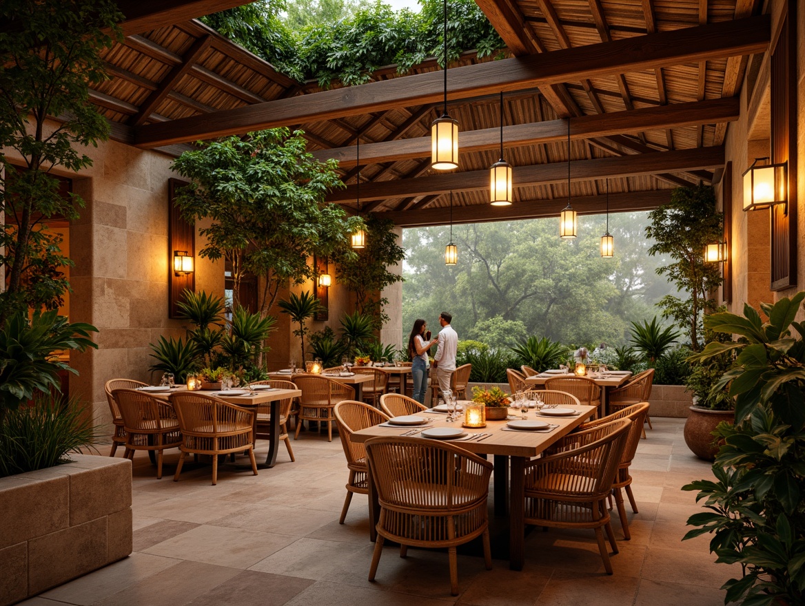 Prompt: Tropical dining hall, warm ambient lighting, natural woven fibers, rattan furniture, vibrant greenery, exotic flowers, wooden accents, earthy tones, soft golden illumination, pendant lanterns, candles, LED lights, subtle color gradients, reflective surfaces, warm beige stone walls, lush foliage, open ceiling, natural ventilation, misty atmosphere, shallow depth of field, 1/1 composition, realistic textures, ambient occlusion.