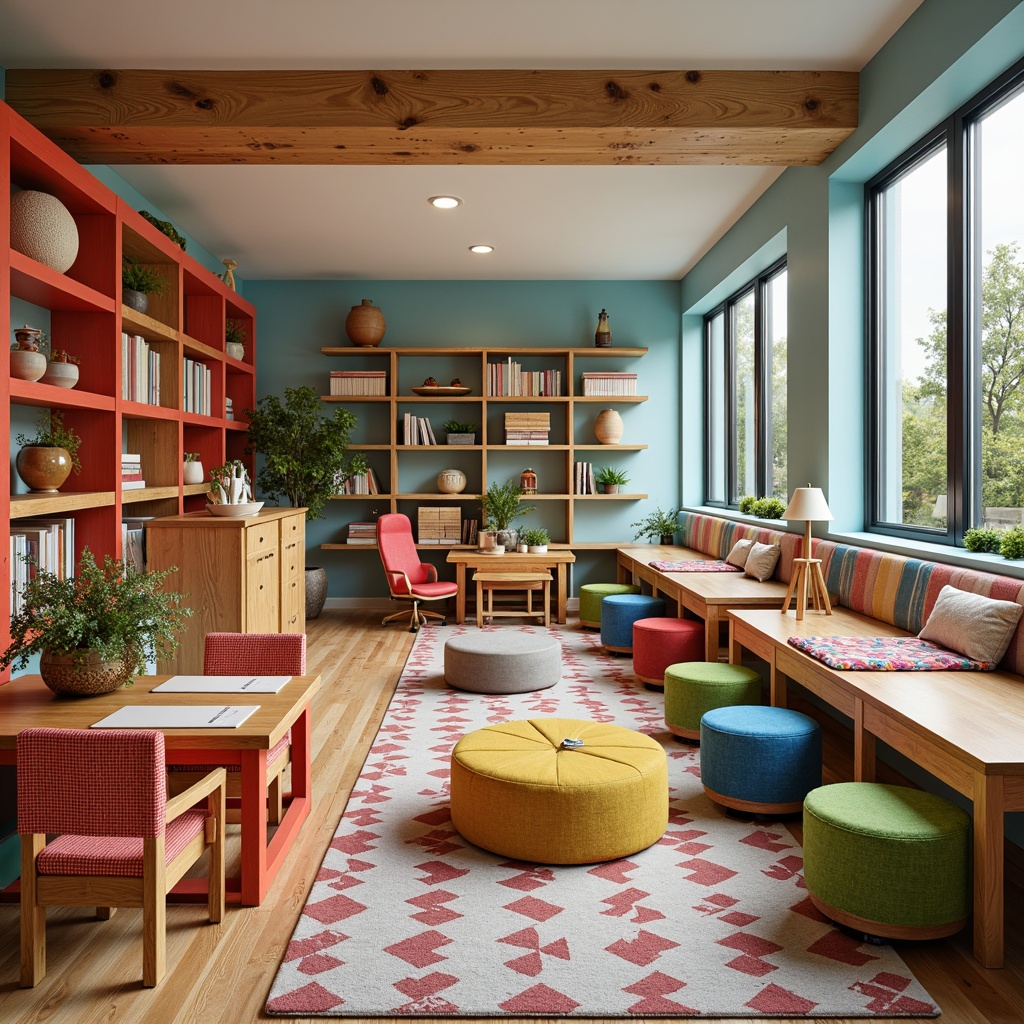 Prompt: Vibrant kindergarten interior, eclectic mix-and-match furniture, colorful wooden tables, playful kid-sized chairs, whimsical upholstered sofas, oversized pillows, geometric-patterned rugs, natural wood accents, reclaimed wood shelves, vintage-inspired educational decor, bright pops of color, lively texture combinations, soft warm lighting, cozy reading nooks, flexible seating arrangements, interactive display walls, engaging sensory play areas, earthy tone ceramics, woven basket storage, distressed metal frames.