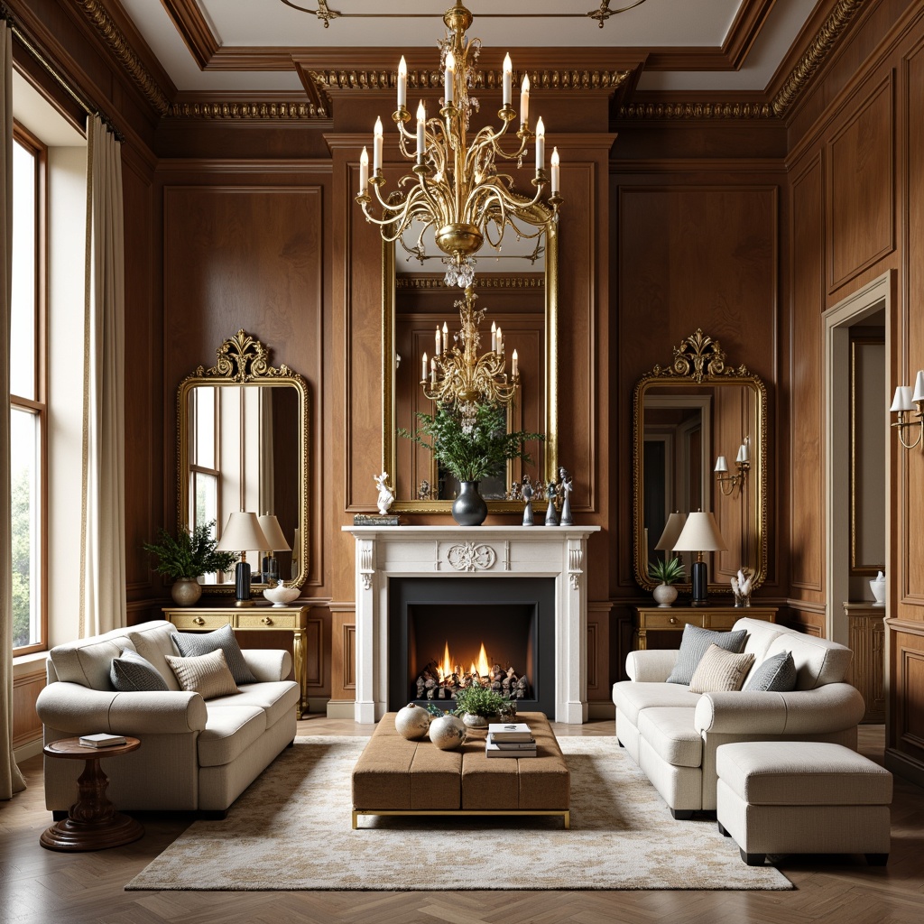 Prompt: Elegant living room, rich wood paneling, ornate mirrors, classic furniture, luxurious fabrics, subtle texture variations, warm beige colors, soft cream accents, intricate molding details, refined gold hardware, lavish chandeliers, dramatic ceiling heights, ornamental fireplaces, cozy reading nooks, plush area rugs, sophisticated color palette, natural stone flooring, traditional architectural elements, warm inviting ambiance, shallow depth of field, 1/2 composition, realistic material reflections.