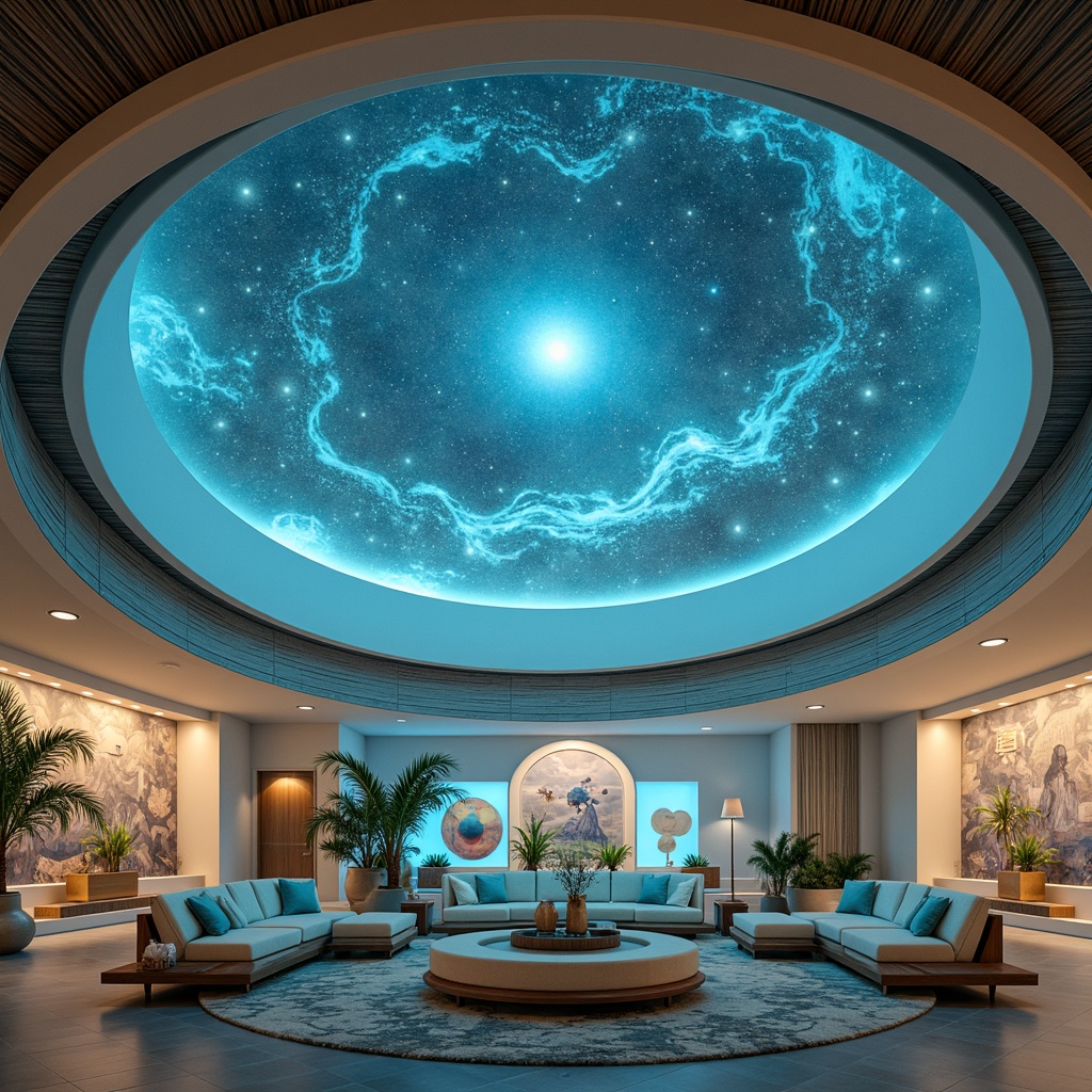 Prompt: Celestial planetarium, coastal style, soft blue hues, calming turquoise accents, creamy whites, warm beige tones, natural wood textures, driftwood-inspired furniture, ocean-breeze ambiance, starry night sky, twinkling string lights, spherical projection screens, comfortable seating areas, educational interactive exhibits, astronomy-themed murals, gentle wave patterns, soothing ambient sounds, misty morning lighting, shallow depth of field, 1/1 composition, realistic renderings.