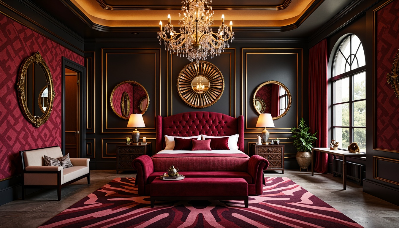 Prompt: Luxurious bedroom, bold geometric patterns, metallic accents, ornate mirrors, velvet upholstery, curved lines, sunburst motifs, chevron designs, rich jewel tones, lavish textiles, tufted headboards, crystal chandeliers, dramatic floor lamps, bold color blocking, high-gloss finishes, glamorous ambiance, low-key lighting, 1-point perspective, shallow depth of field, cinematic composition.