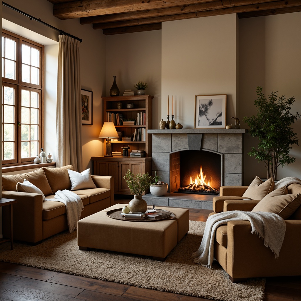 Prompt: Cozy living room, plush throw blankets, soft velvet couches, warm beige walls, rustic wooden floors, crackling fireplace, comfortable oversized armchairs, rich woolen rugs, natural linen fabrics, calming earthy tones, gentle dim lighting, 1/1 composition, intimate atmosphere, realistic textures, ambient occlusion.