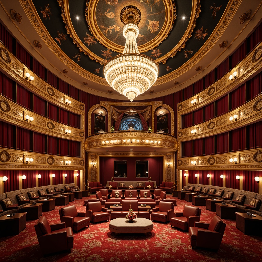 Prompt: Luxurious opera house interior, grand chandeliers, ornate balconies, velvet curtains, golden accents, elegant seating areas, curved lines, opulent materials, rich textures, dramatic lighting, spotlights, crimson red carpets, intricate carvings, baroque patterns, frescoed ceilings, lavish lounges, VIP boxes, plush armchairs, luxurious sofas, bespoke furniture pieces, handcrafted details, meticulous craftsmanship, 3/4 composition, shallow depth of field, soft warm lighting.