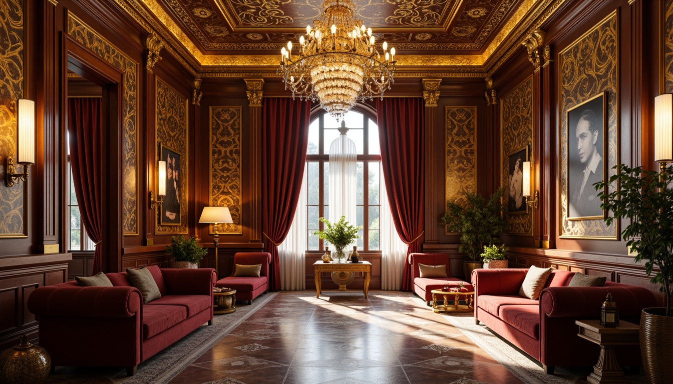 Prompt: Luxurious interior, grand chandelier, intricately carved wooden panels, ornate gold leaf details, velvet upholstered furniture, marble flooring, crystal door handles, lavish drapery, intricate mosaic patterns, regal color palette, warm golden lighting, shallow depth of field, 1/1 composition, realistic textures, ambient occlusion.