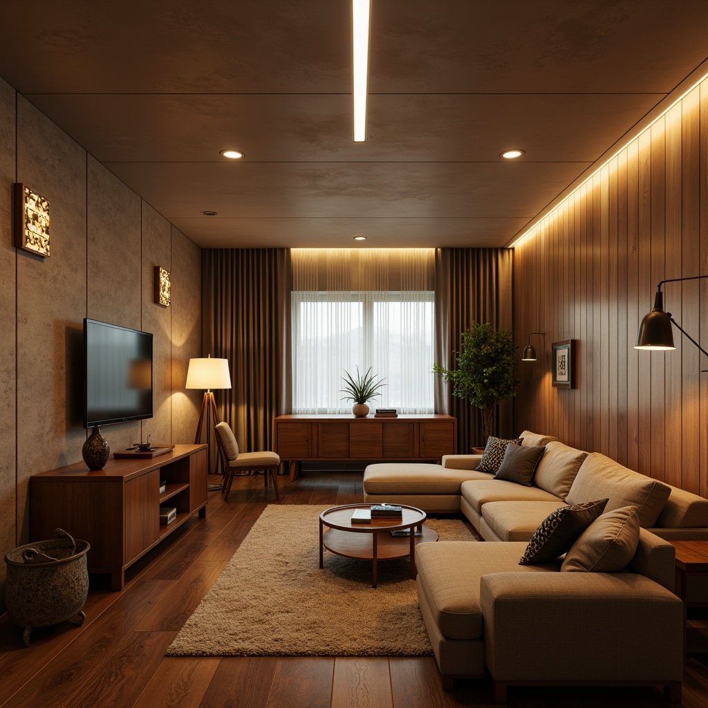 Prompt: Mid-century modern living room, warm ambient lighting, sleek linear fixtures, polished chrome accents, geometric pendant lamps, minimalist ceiling lights, retro-inspired sconces, natural wood tones, earthy color palette, organic shapes, textured fabrics, vintage decorative patterns, subtle color contrasts, soft diffused light, 1/1 composition, shallow depth of field, realistic render.