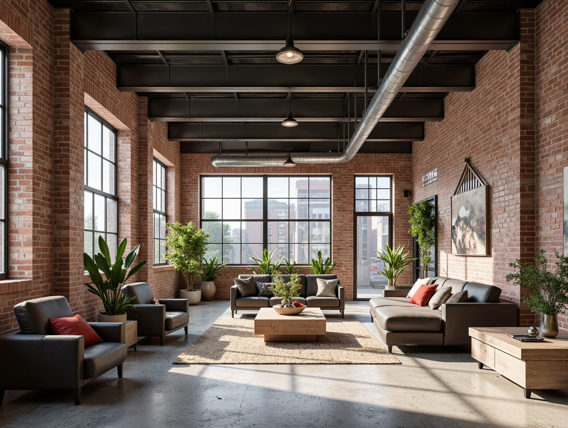 Prompt: Exposed brick walls, metal beams, reclaimed wood flooring, industrial-style lighting fixtures, distressed concrete surfaces, urban loft atmosphere, modern minimalist decor, functional exposed ductwork, steel-framed windows, neutral color palette, textured rug, metallic accents, edgy architectural lines, open-plan layout, high ceiling, natural light pouring in, 1/1 composition, softbox lighting, realistic metallic materials.