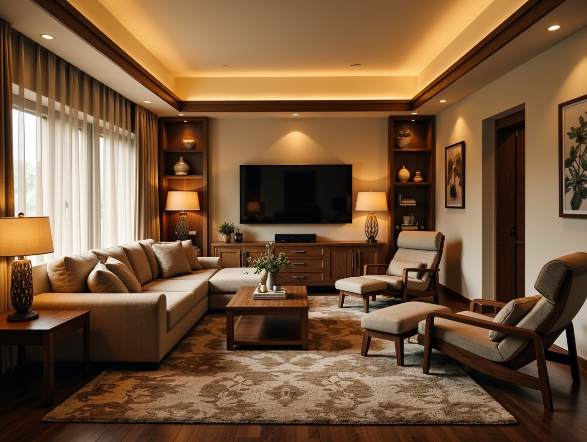 Prompt: Cozy living room, plush sofas, reclining chairs, wooden coffee tables, vintage rugs, warm beige walls, soft golden lighting, elegant floor lamps, modern minimalist decor, sleek TV stands, comfortable pillows, velvety upholstery, ergonomic design, adjustable armrests, durable leather fabrics, natural wood accents, subtle textures, inviting atmosphere, relaxing ambiance.