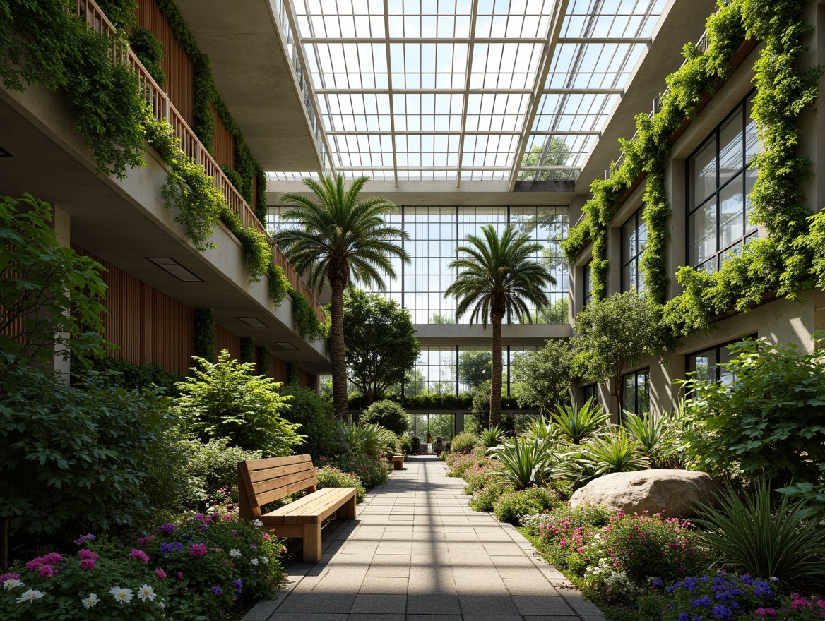 Prompt: Lush botanical garden, tropical plants, vibrant flowers, natural stone pathways, wooden benches, modern glass conservatory, living walls, green roofs, sustainable architecture, eco-friendly materials, airy atrium, soft warm lighting, shallow depth of field, 3/4 composition, panoramic view, realistic textures, ambient occlusion.