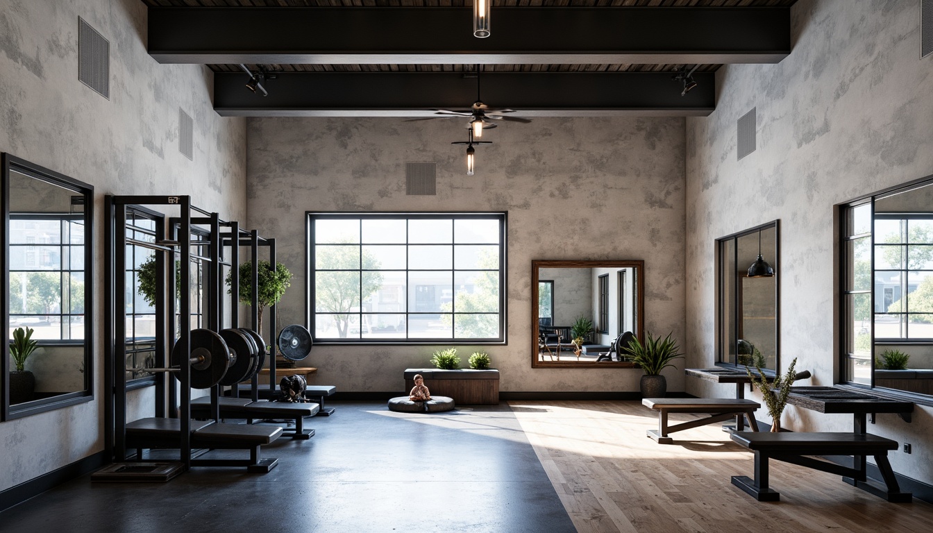 Prompt: Functional home gym, minimalist decor, industrial-chic equipment, steel beams, concrete floors, large windows, natural light, open-plan layout, space-saving design, compact workout stations, wall-mounted racks, foldable benches, adjustable mirrors, modernist color scheme, bold typography, geometric patterns, sleek metallic accents, urban loft atmosphere, high-contrast lighting, dramatic shadows, 1/1 composition, symmetrical framing, realistic reflections.