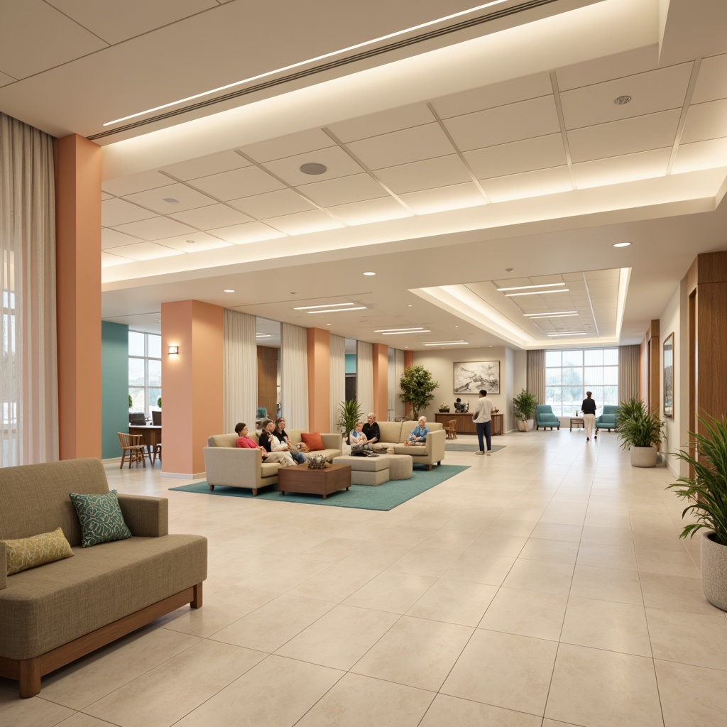 Prompt: Calming hospital interior, soft peach walls, warm beige flooring, gentle turquoise accents, natural wood furnishings, comfortable patient rooms, cozy waiting areas, soothing ambient lighting, creamy white ceilings, subtle patterned curtains, minimalist decor, peaceful atmosphere, relaxing color scheme, calming blue tones, earthy brown undertones, uplifting yellow highlights, airy open spaces, organic textures, soft focus photography, 1/2 composition, warm natural light, realistic renderings.