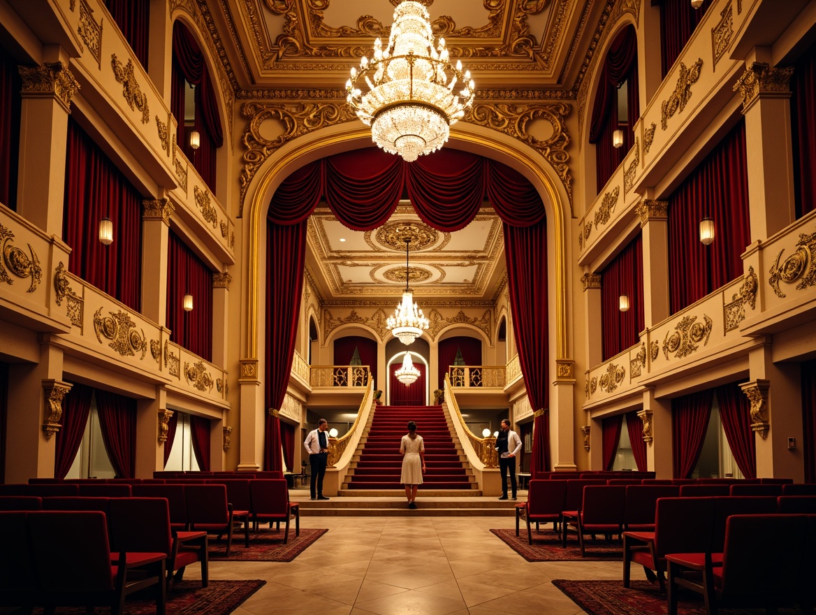 Prompt: Grand opera house interior, opulent gold accents, rich crimson red velvet curtains, ornate crystal chandeliers, intricate Baroque carvings, lavish marble flooring, majestic staircase, regal balconies, intimate private boxes, dramatic spotlights, warm golden lighting, soft subtle shadows, 1/2 composition, symmetrical framing, realistic reflections, high dynamic range.