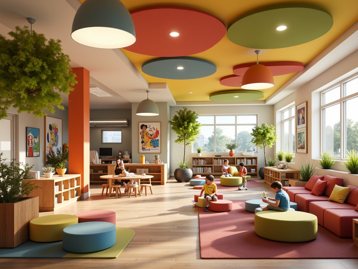 Prompt: Vibrant kindergarten interior, soft warm lighting, cozy reading nooks, colorful furniture, educational posters, interactive play areas, kid-friendly textures, rounded shapes, gentle color palette, natural wood accents, suspended ceiling lamps, table lamps, floor lamps, LED strip lights, energy-efficient solutions, ambient occlusion, shallow depth of field, 3/4 composition, realistic rendering.