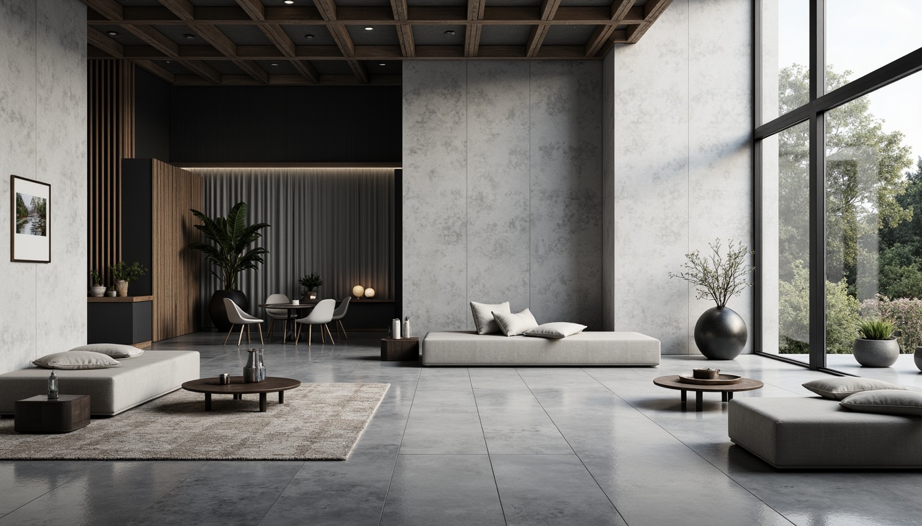 Prompt: Monochromatic interior, sleek lines, polished concrete floors, textured stone walls, minimalist decor, natural light pouring in, industrial metal accents, subtle wood tones, low-profile furniture, soft cushions, geometric patterns, ambient lighting, 1/1 composition, shallow depth of field, realistic materials, subtle color palette, calm atmosphere.