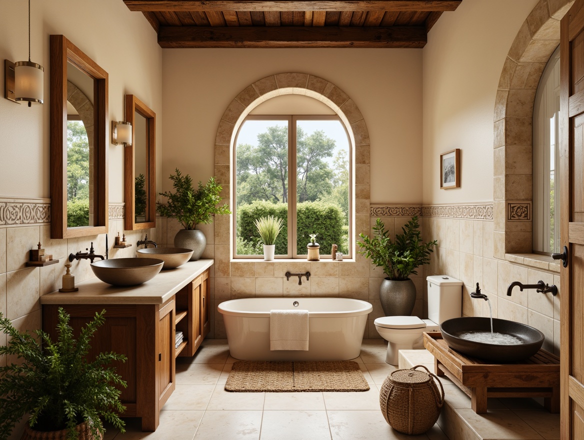 Prompt: Warm Mediterranean bathroom, soft beige walls, ornate Spanish tiles, elegant archways, rustic wooden cabinets, bronze faucets, glass vessel sinks, woven wicker baskets, lush greenery, natural stone flooring, warm ambient lighting, 3/4 composition, realistic textures, ambient occlusion.