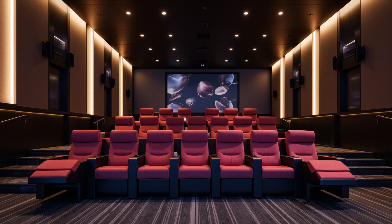 Prompt: Luxurious cinema interior, modern minimalist style, sleek lines, low-profile seating, reclining chairs, velvet upholstery, metallic accents, dimmable LED lighting, ambient sound system, acoustic panels, dark wood flooring, minimalist decor, abstract artwork, futuristic vibe, 3/4 composition, shallow depth of field, soft warm glow, cinematic atmosphere.