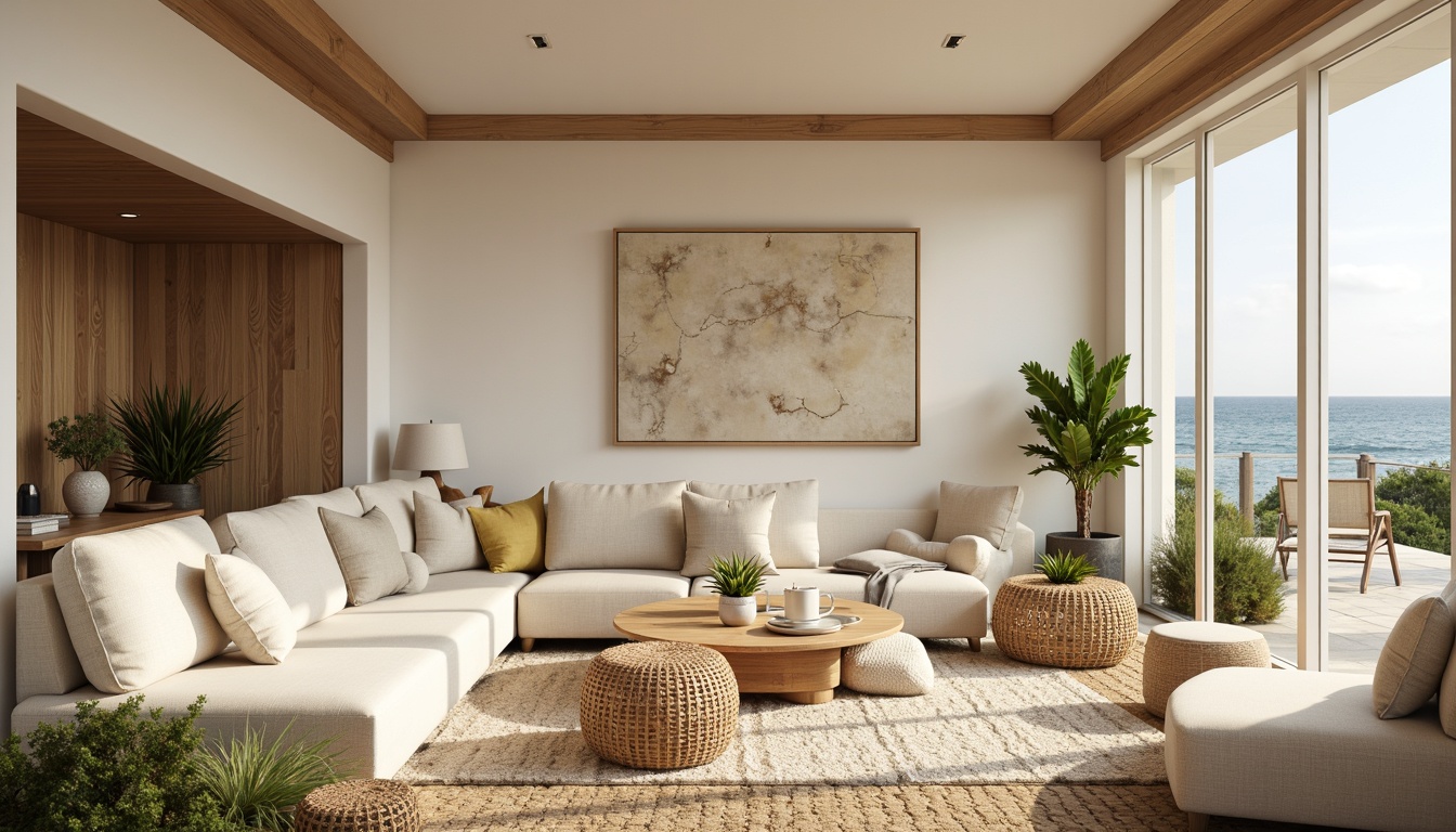 Prompt: Calming coastal living room, soft beige walls, natural wood accents, woven rattan furniture, ocean-inspired color palette, sound-absorbing acoustic panels, geometric patterns, minimalist decor, floor-to-ceiling windows, sliding glass doors, outdoor patio, tropical plants, warm sunny day, gentle sea breeze, shallow depth of field, 1/2 composition, softbox lighting, realistic textures, ambient occlusion.