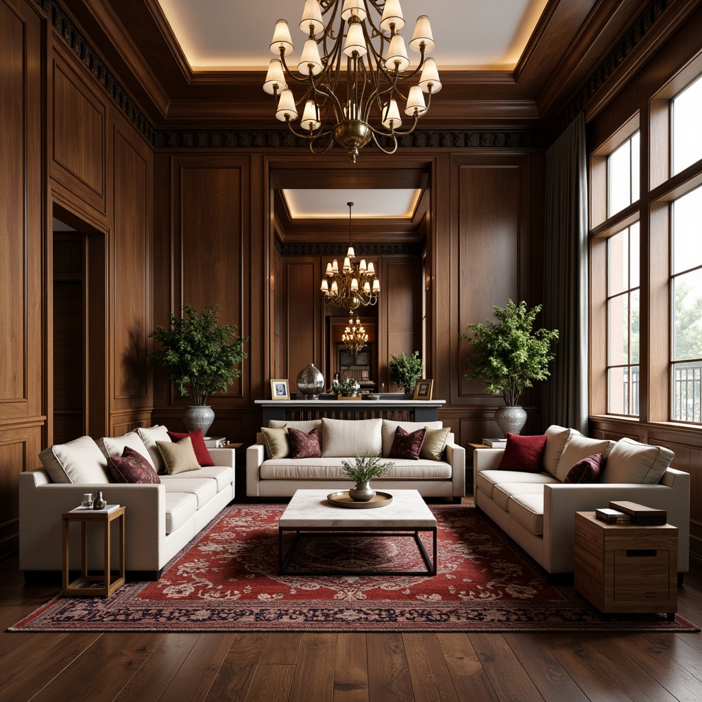 Prompt: Luxurious living room, rich wood flooring, plush area rugs, velvety sofas, marble coffee tables, metallic accents, dramatic chandeliers, warm ambient lighting, shallow depth of field, 3/4 composition, soft focus effect, realistic textures, intricate patterns, elegant moldings, sophisticated color palette, refined interior design, opulent fabrics, ornate decorations.