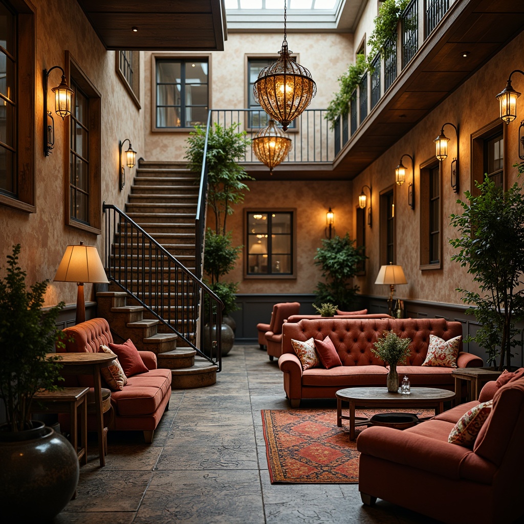 Prompt: Whimsical boutique hotel, ornate facades, delicate ironwork, vintage street lamps, floral patterns, distressed wood accents, plush velvet sofas, crystal chandeliers, grand staircases, lavish drapery, rich jewel-toned walls, soft golden lighting, warm intimate atmosphere, 1/2 composition, shallow depth of field, romantic ambiance.