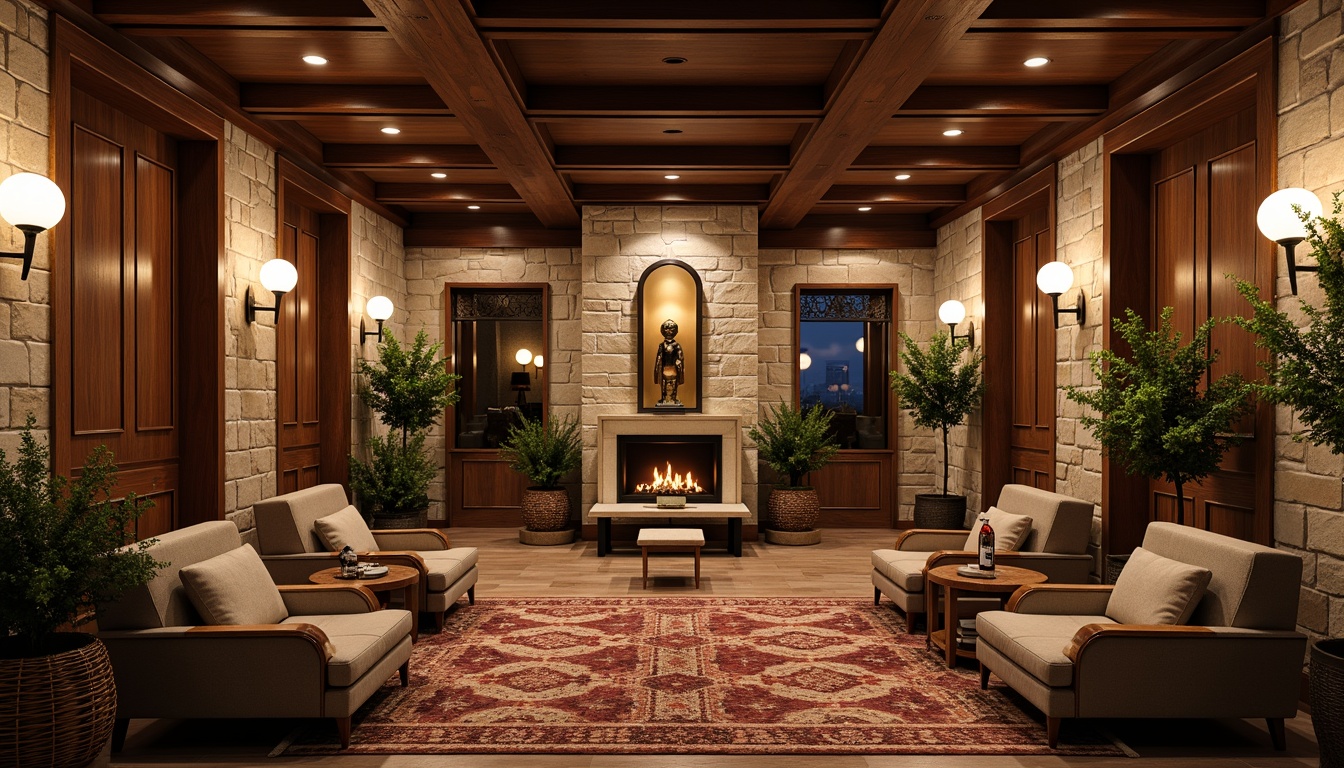 Prompt: Cozy craftsman hotel lobby, rustic wooden accents, natural stone walls, earthy tone color palette, plush velvet furniture, ornate metal fixtures, warm ambient lighting, richly textured rugs, reclaimed wood ceilings, wooden beam details, vintage decorative items, earthy scent ambiance, soft warm glow, shallow depth of field, 1/1 composition, realistic textures, ambient occlusion.