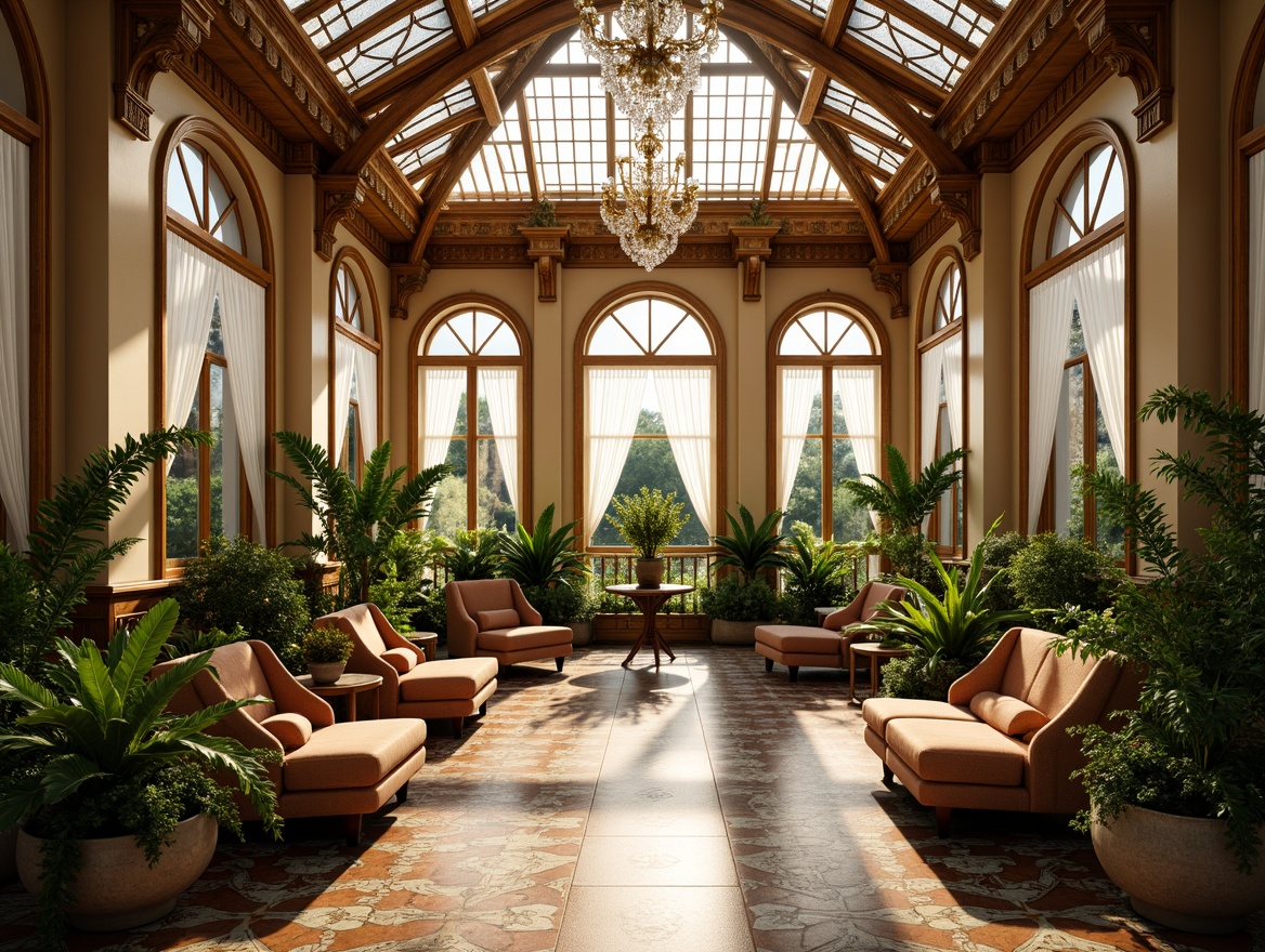 Prompt: Elegant sunroom, ornate wooden framework, stained glass ceiling, lush greenery, exotic plants, intricate moldings, patterned tile flooring, warm beige walls, lavish furnishings, plush velvet armchairs, delicate lace curtains, sparkling crystal chandeliers, soft natural light, gentle warm glow, morning sunlight, serene ambiance, 1/2 composition, shallow depth of field, realistic textures, ambient occlusion.