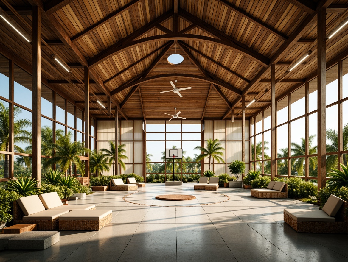 Prompt: Tropical gymnasium, high ceilings, large windows, natural ventilation, wooden accents, rattan furniture, lush greenery, palm trees, warm sunny day, soft diffused lighting, shallow depth of field, 3/4 composition, panoramic view, realistic textures, ambient occlusion, large ceiling fans, airflow optimization, evaporative cooling systems, shading devices, solar screens, climbing walls, exercise equipment, athletic tracks, basketball courts, badminton fields.