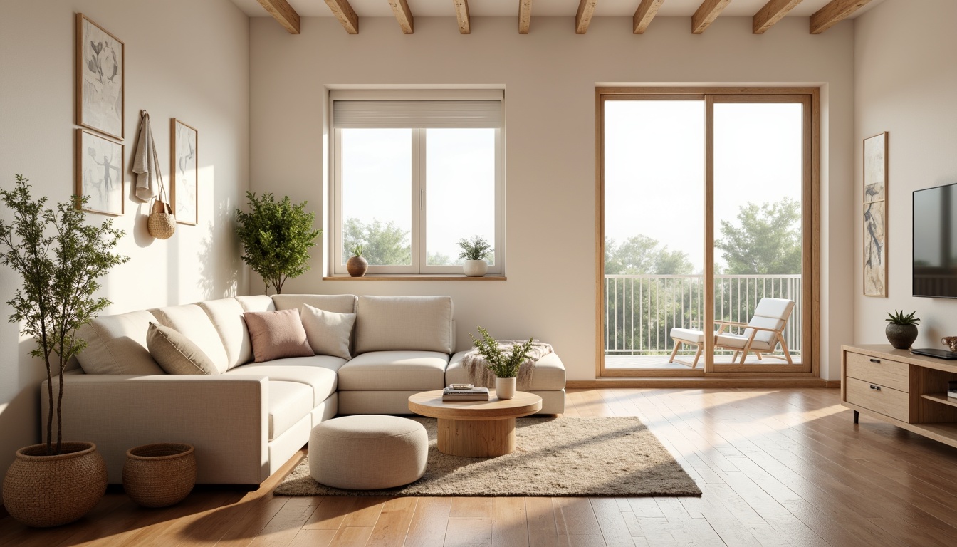 Prompt: Neutral-toned living room, creamy white walls, soft beige furniture, natural wood accents, earthy terracotta flooring, minimalist decor, subtle texture contrasts, calming atmosphere, warm ambient lighting, shallow depth of field, 1/1 composition, realistic renderings, ambient occlusion, cozy reading nook, plush throw blankets, potted greenery, floor-to-ceiling windows, sliding glass doors, serene outdoor views, gentle morning light.