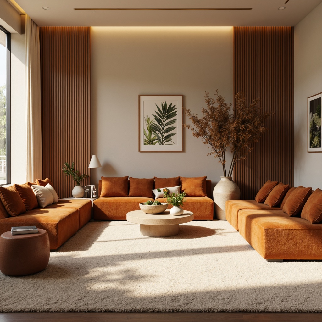 Prompt: Vibrant living room, warm beige walls, rich walnut furniture, plush velvet sofas, golden lighting fixtures, soft cream carpets, modern minimalist decor, natural stone accents, botanical prints, earthy terracotta vases, cozy reading nook, comfortable sectional seating, calming ambiance, warm neutral tones, 1/1 composition, softbox lighting, realistic textures.