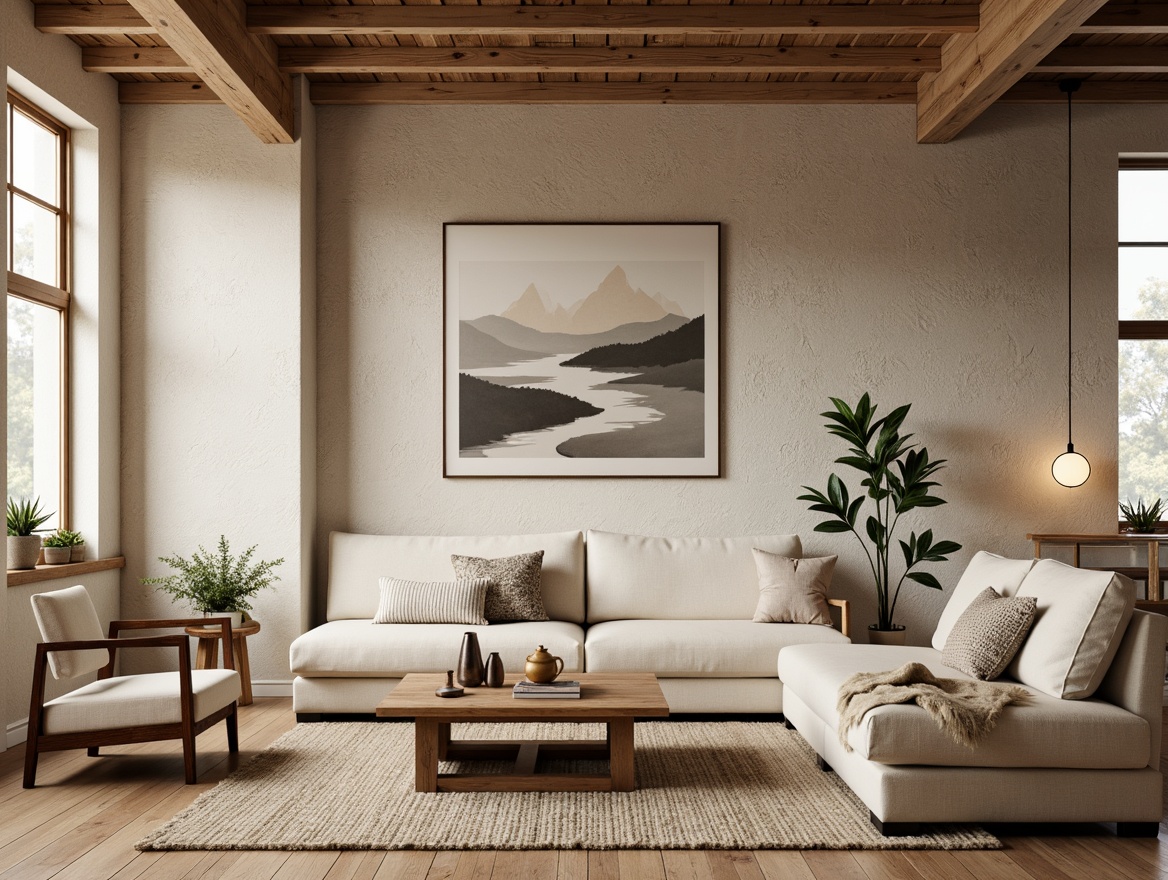 Prompt: Cozy Scandinavian living room, light wood accents, textured stone walls, earthy color palette, natural materials, woven textiles, geometric patterns, minimalist decor, soft warm lighting, shallow depth of field, 1/1 composition, realistic textures, ambient occlusion, wooden floorboards, rustic wooden beams, cream-colored sofas, sheepskin throws, potted plants, Nordic-inspired artwork.