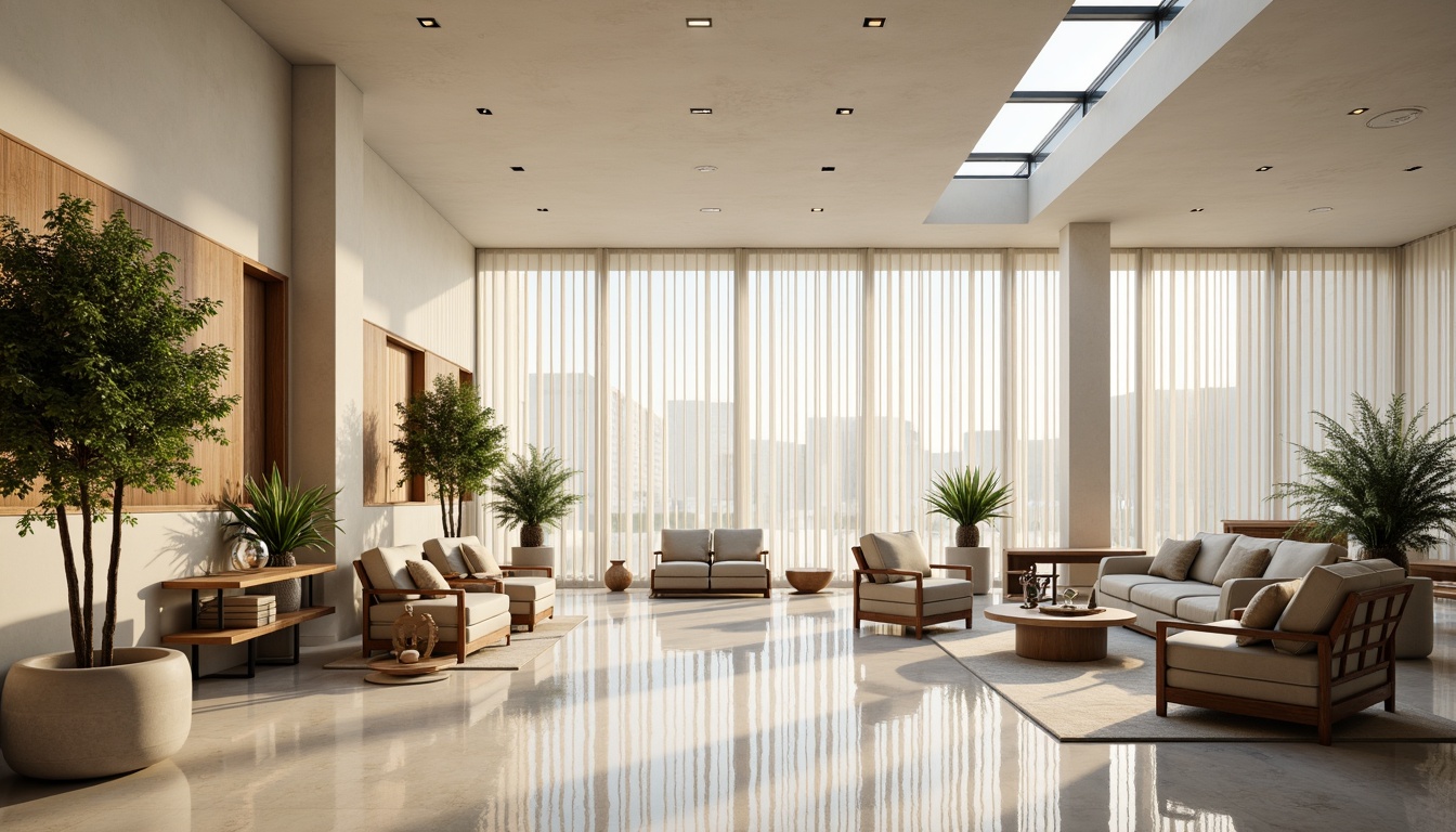 Prompt: Elegant interior space, abundant natural light, floor-to-ceiling windows, sheer white curtains, reflective marble floors, minimalist decor, subtle color palette, soft warm glow, indirect lighting, clerestory windows, skylights, open-plan living area, comfortable seating arrangements, lush greenery, potted plants, wooden accents, earthy tones, inviting atmosphere, serene ambiance, shallow depth of field, 1/1 composition, realistic textures, ambient occlusion.