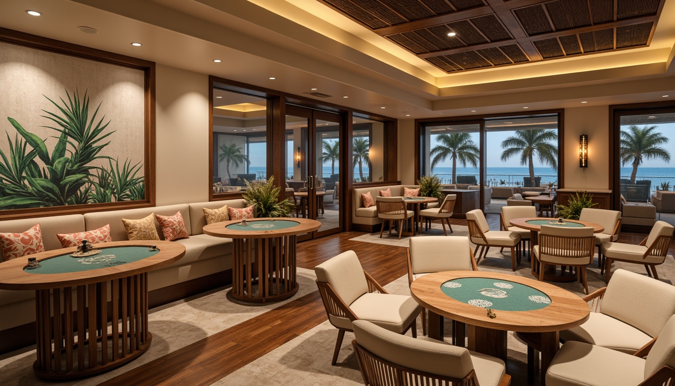 Prompt: Luxurious coastal casino, ocean-inspired furniture, driftwood accents, coral-patterned upholstery, nautical rope details, polished chrome legs, velvet poker tables, ambient LED lighting, soft focus photography, 1/2 composition, shallow depth of field, warm beige colors, natural linen fabrics, woven sea grass textures, beachy vibe, relaxed atmosphere, comfortable seating areas, modern minimalist decor, abstract ocean-inspired artwork, subtle wave patterns.