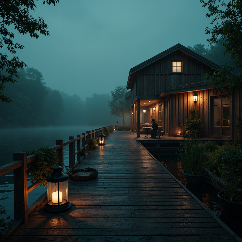 Prompt: Moody boathouse, rustic wooden docks, mysterious foggy lake, vintage nautical equipment, old lanterns, distressed wood textures, worn ropes, eerie twilight atmosphere, dark blues, misty greens, weathered copper accents, rich wood tones, luxurious velvety blacks, soft warm lighting, dramatic shadows, 2.5D composition, cinematic mood, mystical ambiance, subtle grain texture, atmospheric perspective.Let me know if this meets your requirements!