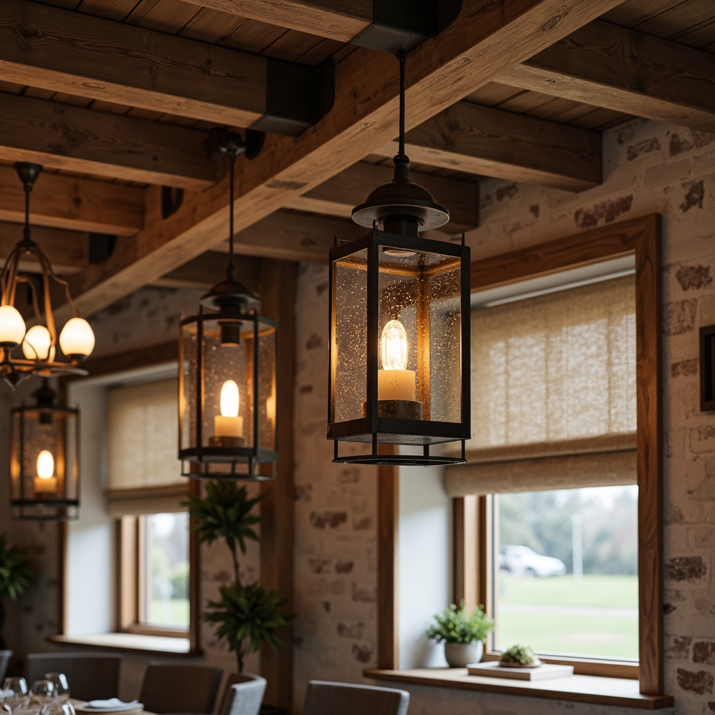 Prompt: Rustic farmhouse interior, vintage metal lanterns, distressed wooden beams, exposed brick walls, natural linen shades, pendant lighting fixtures, industrial-style metal pendants, wrought iron chandeliers, candle-inspired designs, soft warm glow, ambient lighting, rustic charm, cozy atmosphere, farmhouse decor, country-style accents, earthy tones, nature-inspired elements.