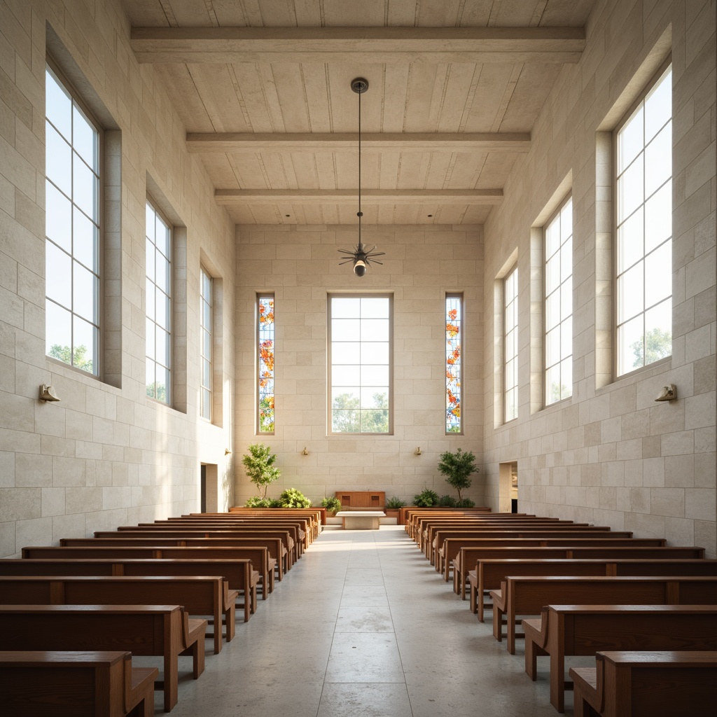 Prompt: Minimalist chapel, high ceilings, white stone walls, large windows, natural light pouring in, stained glass details, subtle wooden accents, simple pews, quiet atmosphere, soft warm lighting, shallow depth of field, 1/1 composition, symmetrical framing, serene ambiance, gentle shadows, organic textures, ambient occlusion.