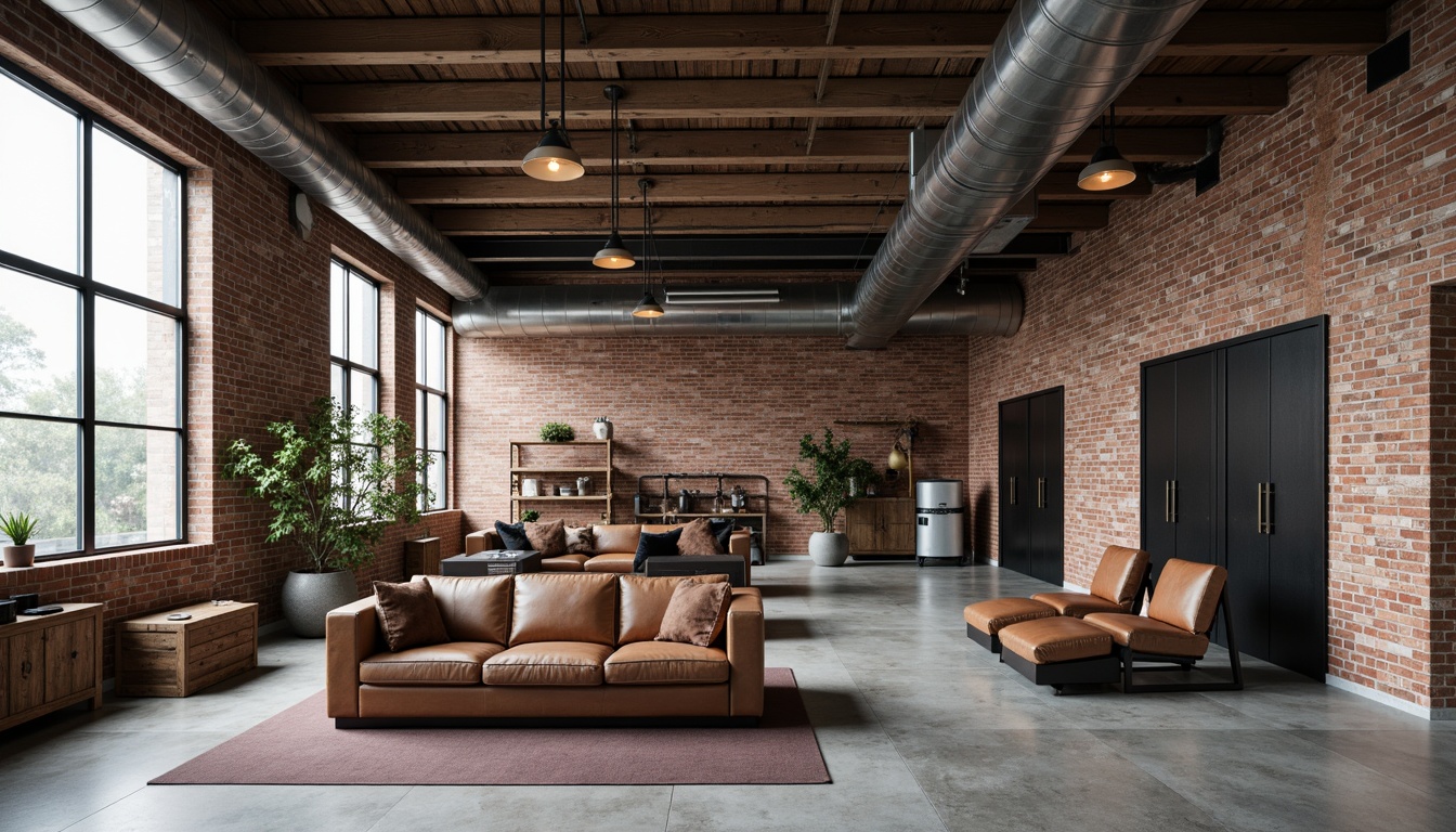 Prompt: Exposed brick walls, metallic beams, reclaimed wood accents, polished concrete floors, industrial-style lighting fixtures, galvanized steel pipes, distressed leather upholstery, riveted metal panels, weathered wooden crates, matte black finishes, utilitarian shelving units, minimalist decor, urban loft atmosphere, high ceilings, abundant natural light, neutral color palette, functional simplicity, 3/4 composition, realistic textures, ambient occlusion.