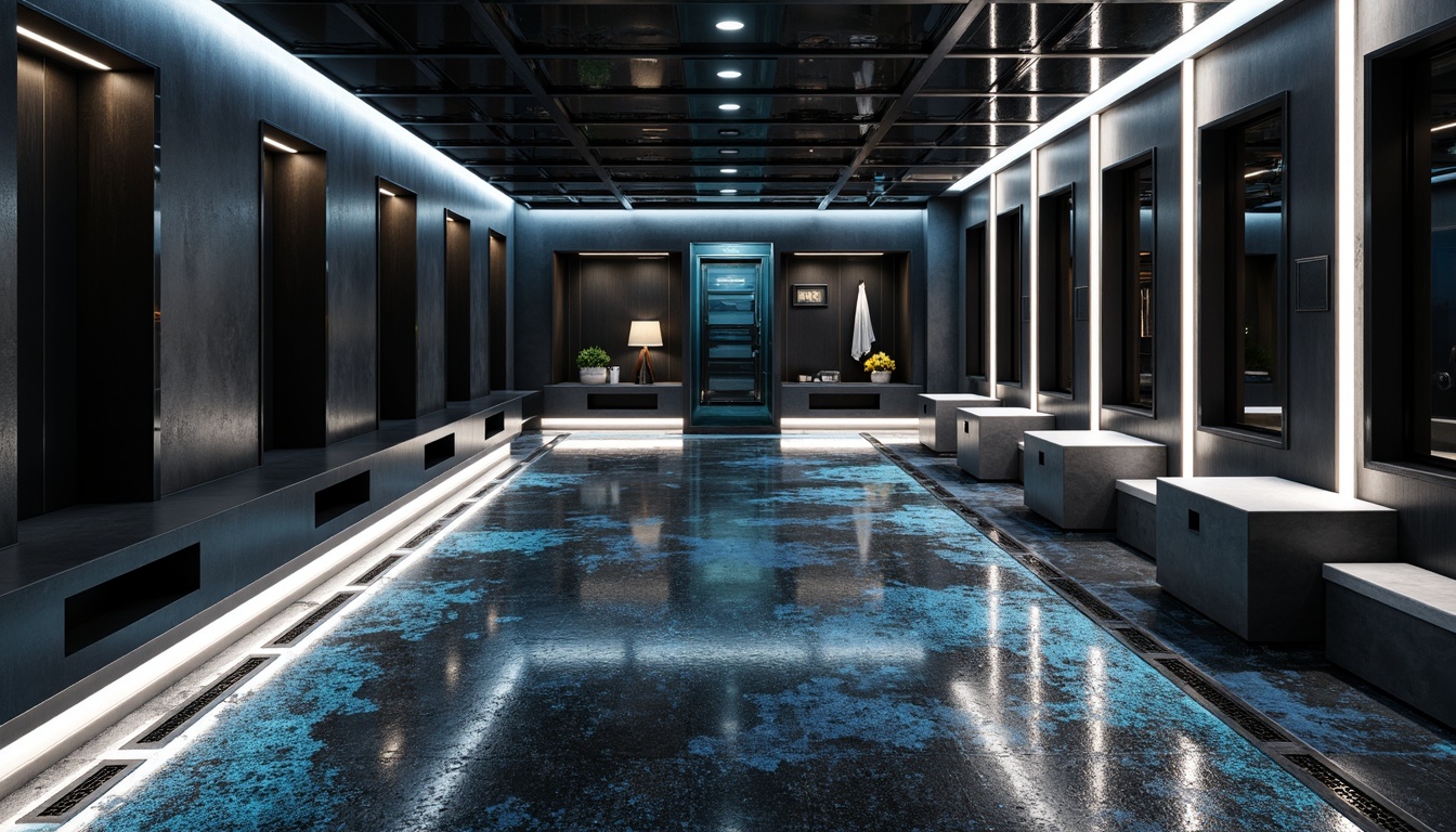 Prompt: Futuristic mudroom, metallic epoxy resin flooring, glossy polyurethane finish, LED light strips, geometric patterned tiles, iridescent glass mosaics, matte black concrete, high-gloss stainless steel accents, industrial-chic drainage grates, neon-lit floor lines, minimalist bench seating, sleek metal storage cabinets, translucent glass shelves, ambient indirect lighting, shallow depth of field, 1/2 composition, realistic reflective surfaces.