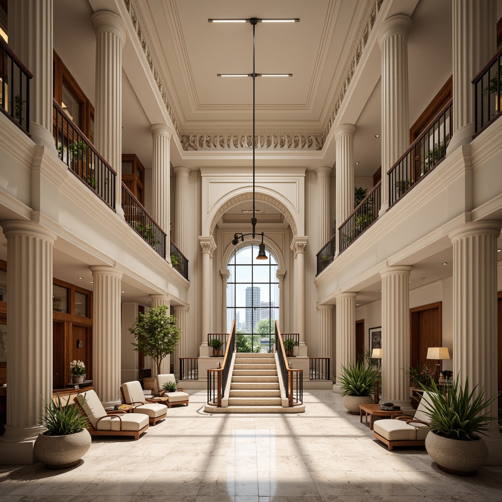 Prompt: Grandiose healthcare center, neoclassical facade, ornate columns, symmetrical architecture, elegant entrance, sweeping staircases, intricate moldings, high ceilings, marble floors, wooden paneling, luxurious furnishings, serene waiting areas, natural light, warm color palette, subtle lighting, shallow depth of field, 2/3 composition, realistic textures, ambient occlusion.