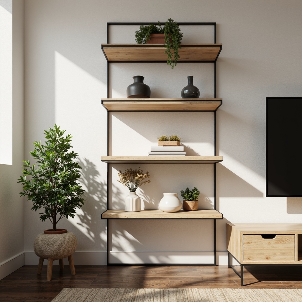 Prompt: Minimalist living room, sleek low-profile shelves, industrial metal frames, reclaimed wood planks, modern minimalist decor, soft warm lighting, subtle shadows, 1/1 composition, shallow depth of field, realistic textures, ambient occlusion, sparse greenery, potted plants, Scandinavian-inspired furniture, monochromatic color scheme, clean lines, geometric shapes, functional storage solutions, compact spaces, edited collections, curated objects.