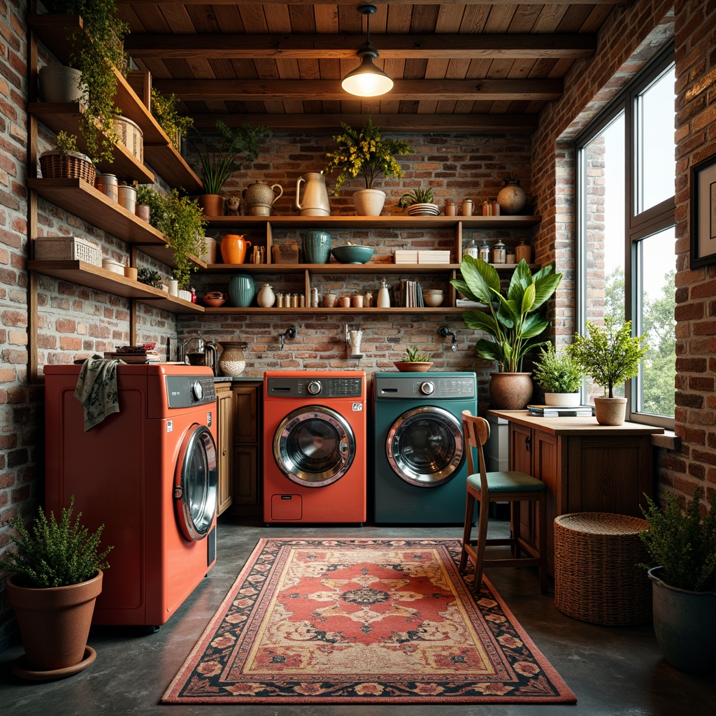 Prompt: Vibrant laundry room, bold color palette, eclectic decorative elements, distressed wood accents, exposed brick walls, vintage washing machines, ornate metal fixtures, soft warm lighting, dramatic shadows, high contrast ratio, 1/1 composition, shallow depth of field, cinematic atmosphere, realistic textures, ambient occlusion.