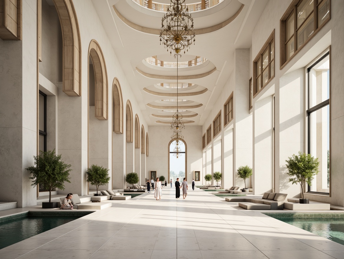 Prompt: Serenity-filled mosque, minimalist architecture, white marble floors, sleek pillars, vaulted ceilings, natural light pouring, soft warm ambiance, subtle ornate patterns, elegant chandeliers, spacious prayer hall, comfortable seating areas, calming water features, lush greenery, peaceful courtyard, symmetrical composition, shallow depth of field, 1/1 aspect ratio, realistic textures, ambient occlusion.