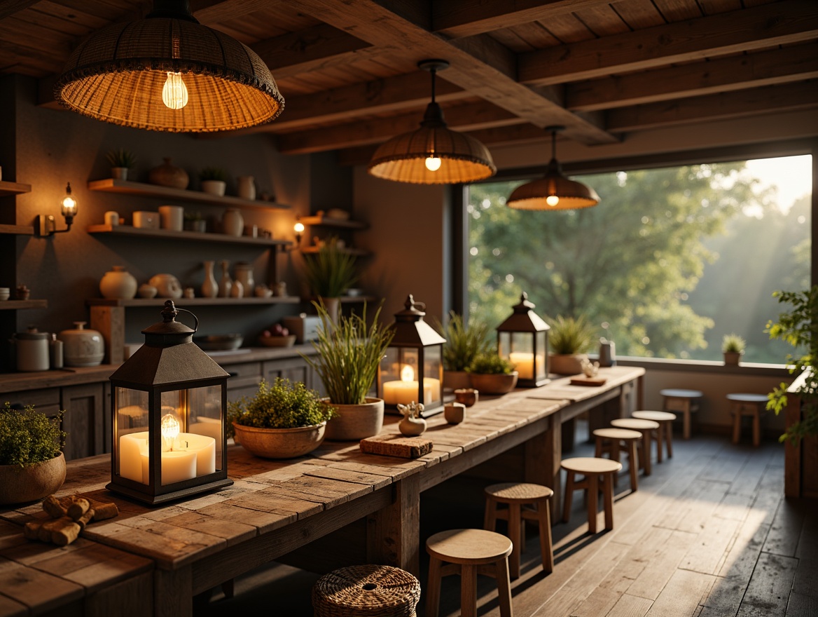 Prompt: Rustic farmhouse, vintage eclectic decor, warm candlelight, soft lanterns, distressed wood beams, metal pendant lights, Edison bulbs, industrial chandeliers, natural linen shades, woven baskets, earthy tones, cozy atmosphere, warm ambient lighting, afternoon sunlight, shallow depth of field, 2/3 composition, realistic textures, ambient occlusion.