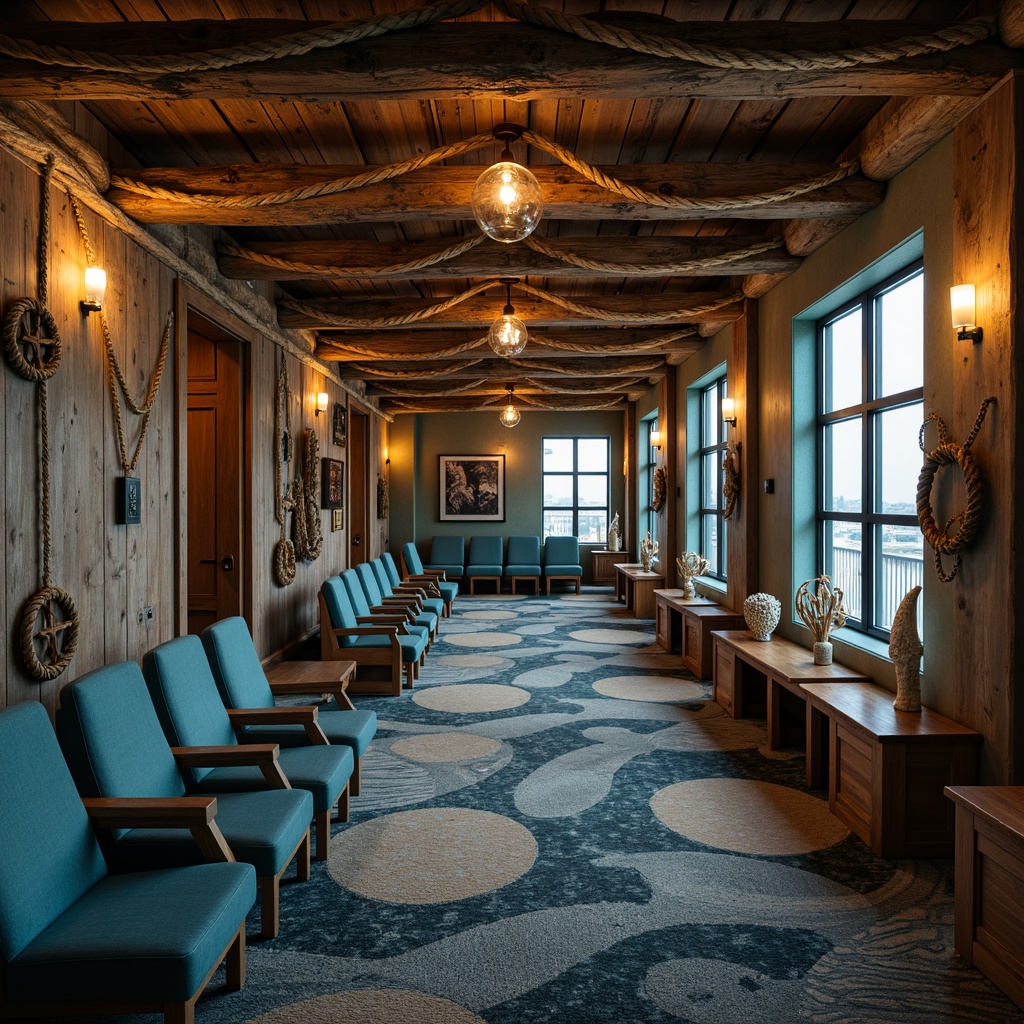 Prompt: Coastal style theater, ocean-inspired decor, driftwood accents, nautical ropes, vintage marine lights, curved seating rows, plush velvet cushions, wave-patterned carpets, ocean-blue walls, shell-shaped ornaments, beachy aroma, soft golden lighting, shallow depth of field, 1/1 composition, panoramic view, realistic textures, ambient occlusion.